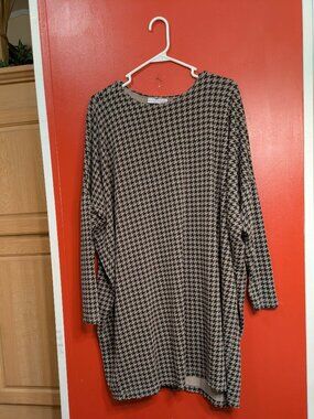Bryn Walker Houndstooth Tunic Gray Black Oversized Boat Neck Lagenlook Small